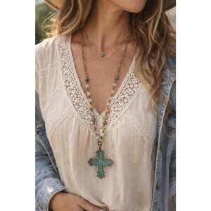 Boho Beaded Cross Necklace Turquoise Patina Pendant Long Artisan Style